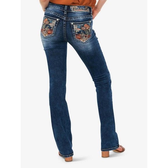 Grace in LA Blue Embroidered Boot Cut Jeans - Picture 3 of 3